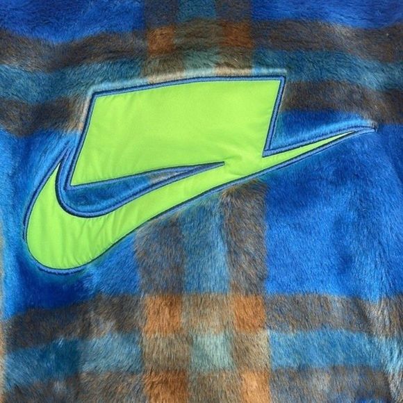 Nike Sportswear Women Green Blue Plaid Faux Fur Jacket DD4541-476 Size Small - Picture 6 of 8
